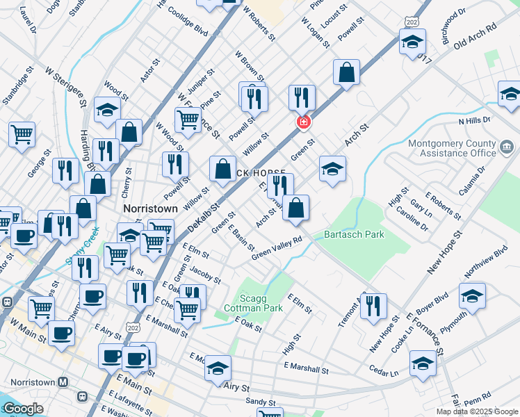 map of restaurants, bars, coffee shops, grocery stores, and more near 225 Poplar Street in Norristown