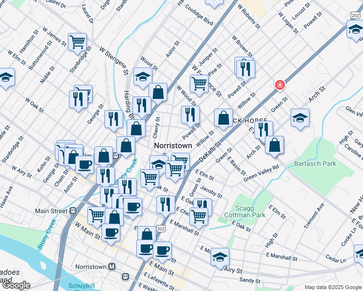 map of restaurants, bars, coffee shops, grocery stores, and more near 1046 Powell Street in Norristown