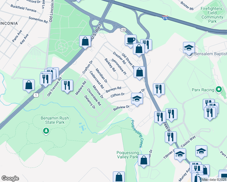map of restaurants, bars, coffee shops, grocery stores, and more near 2801 Berwyn Road in Bensalem
