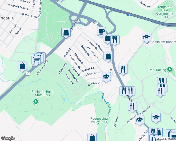 map of restaurants, bars, coffee shops, grocery stores, and more near 2801 Berwyn Road in Bensalem