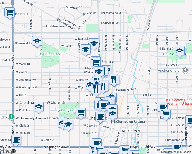 map of restaurants, bars, coffee shops, grocery stores, and more near 101 West Vine Street in Champaign