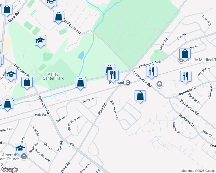 map of restaurants, bars, coffee shops, grocery stores, and more near 2840 Pine Road in Montgomery County