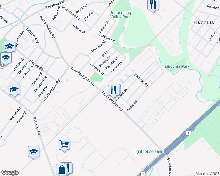 map of restaurants, bars, coffee shops, grocery stores, and more near 15022 London Road in Philadelphia