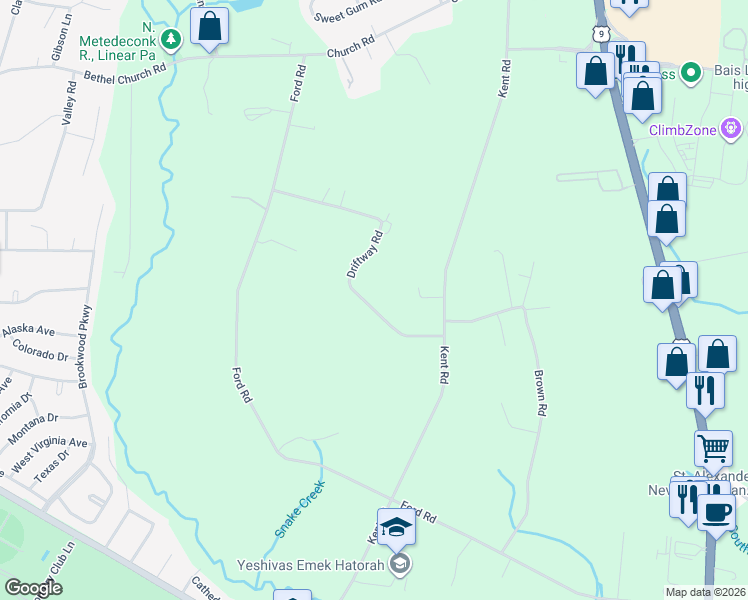 map of restaurants, bars, coffee shops, grocery stores, and more near 99 Driftway Road in Howell Township