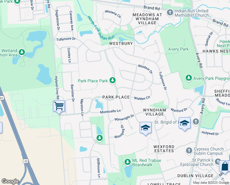 map of restaurants, bars, coffee shops, grocery stores, and more near 6675 Park Mill Drive in Dublin