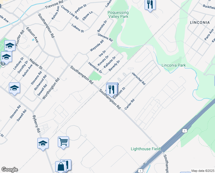 map of restaurants, bars, coffee shops, grocery stores, and more near 15022 London Road in Philadelphia
