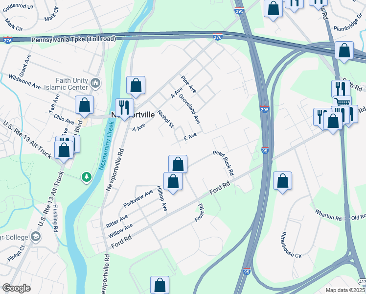 map of restaurants, bars, coffee shops, grocery stores, and more near 3702 Nichol Street in Levittown