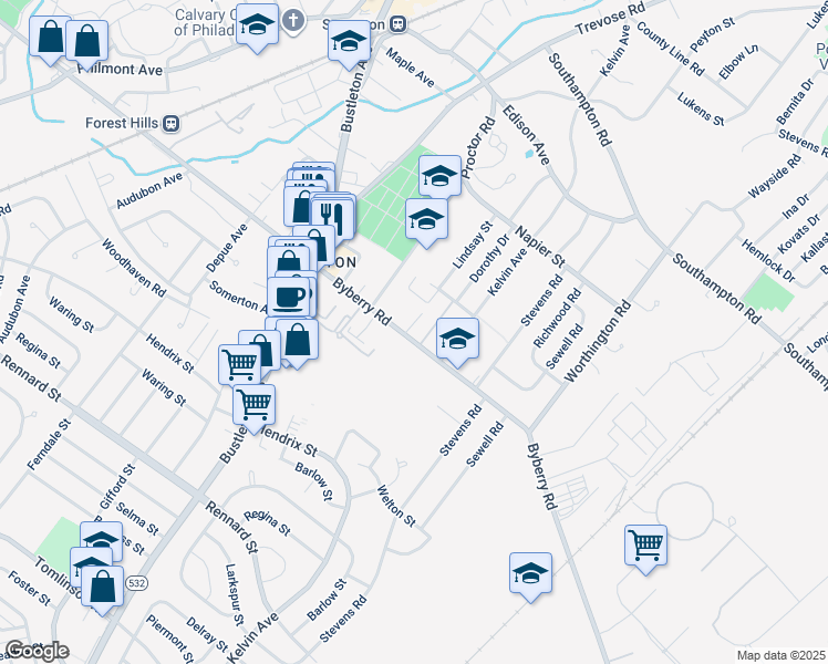 map of restaurants, bars, coffee shops, grocery stores, and more near 801 Byberry Road in Philadelphia