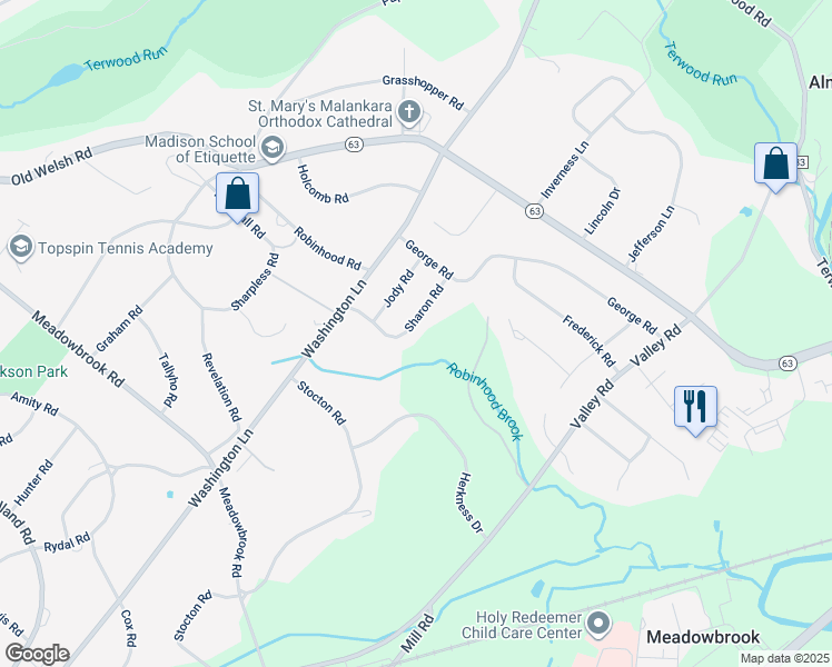 map of restaurants, bars, coffee shops, grocery stores, and more near 1817 Sharon Road in Meadowbrook