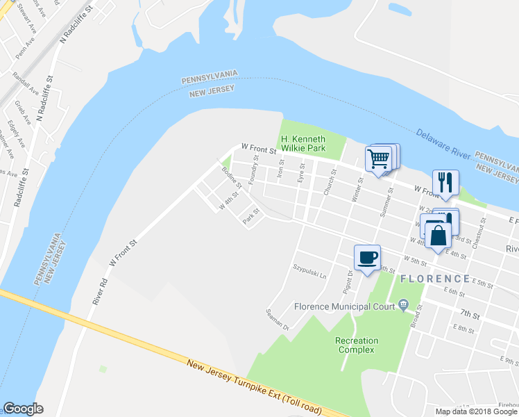 map of restaurants, bars, coffee shops, grocery stores, and more near 731 Bodine Street in Florence Township