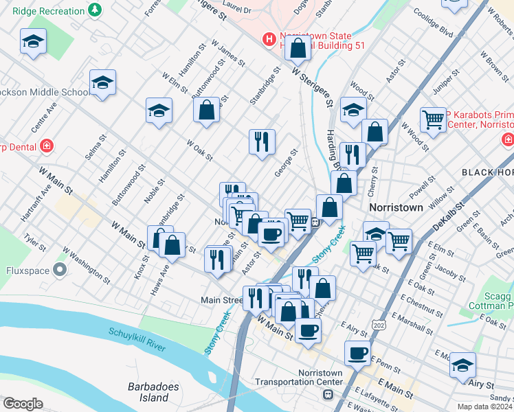 map of restaurants, bars, coffee shops, grocery stores, and more near 650 George Street in Norristown