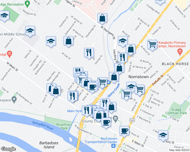 map of restaurants, bars, coffee shops, grocery stores, and more near 704 Chain Street in Norristown