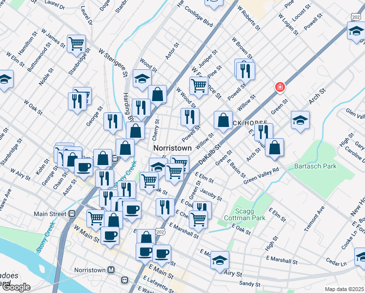 map of restaurants, bars, coffee shops, grocery stores, and more near 1050 Powell Street in Norristown