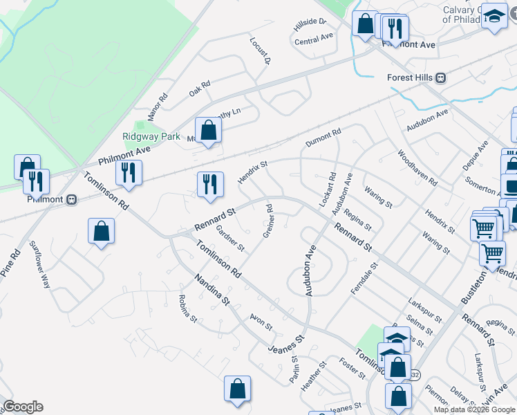 map of restaurants, bars, coffee shops, grocery stores, and more near 148 Rennard Street in Philadelphia