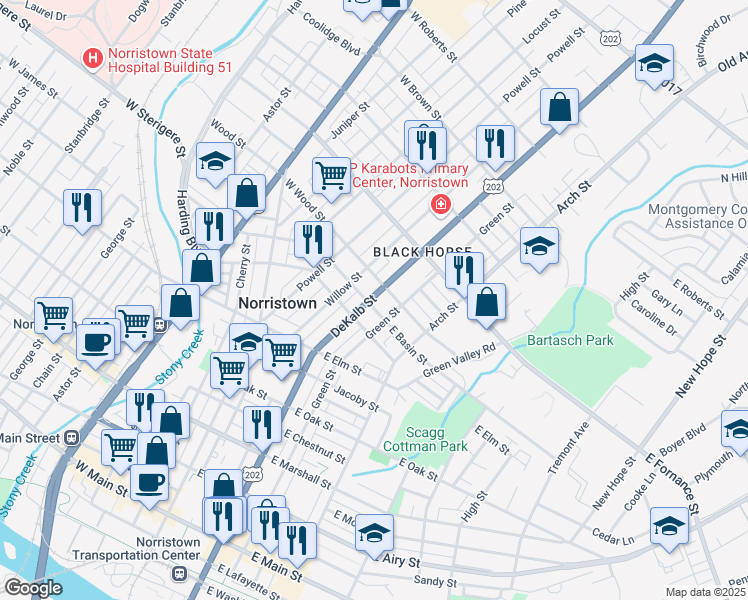 map of restaurants, bars, coffee shops, grocery stores, and more near 1211 DeKalb Street in Norristown