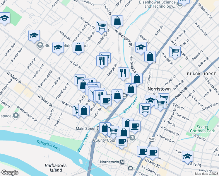 map of restaurants, bars, coffee shops, grocery stores, and more near 734 March Alley in Norristown