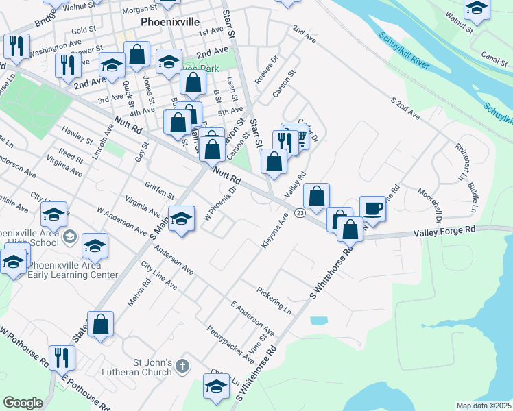 map of restaurants, bars, coffee shops, grocery stores, and more near 30 Nutt Road in Phoenixville