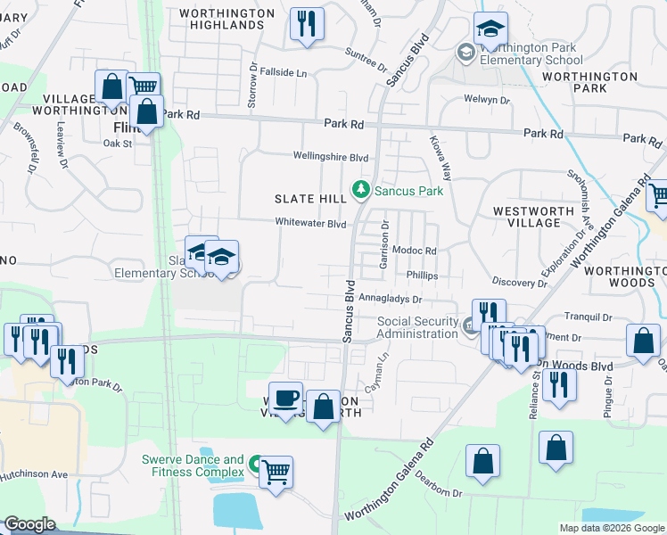 map of restaurants, bars, coffee shops, grocery stores, and more near 763 Ficus Drive in Columbus