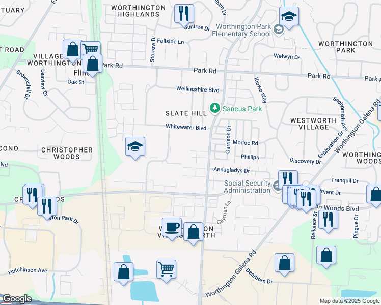 map of restaurants, bars, coffee shops, grocery stores, and more near 763 Ficus Drive in Columbus