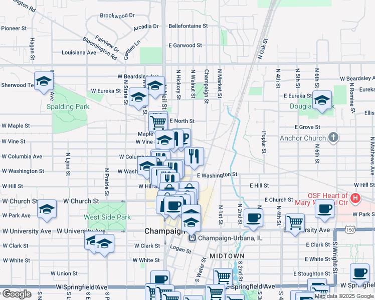 map of restaurants, bars, coffee shops, grocery stores, and more near 600 North Hickory Street in Champaign