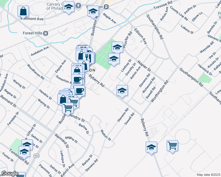 map of restaurants, bars, coffee shops, grocery stores, and more near 801 Byberry Road in Philadelphia