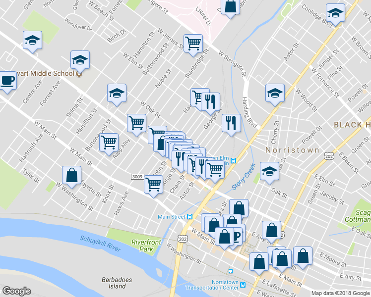 map of restaurants, bars, coffee shops, grocery stores, and more near 643 George Street in Norristown