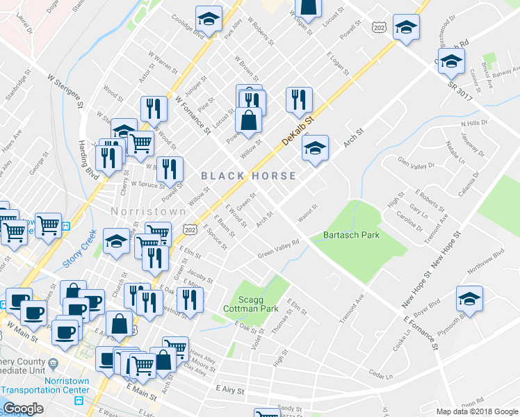 map of restaurants, bars, coffee shops, grocery stores, and more near 225 Poplar Street in Norristown