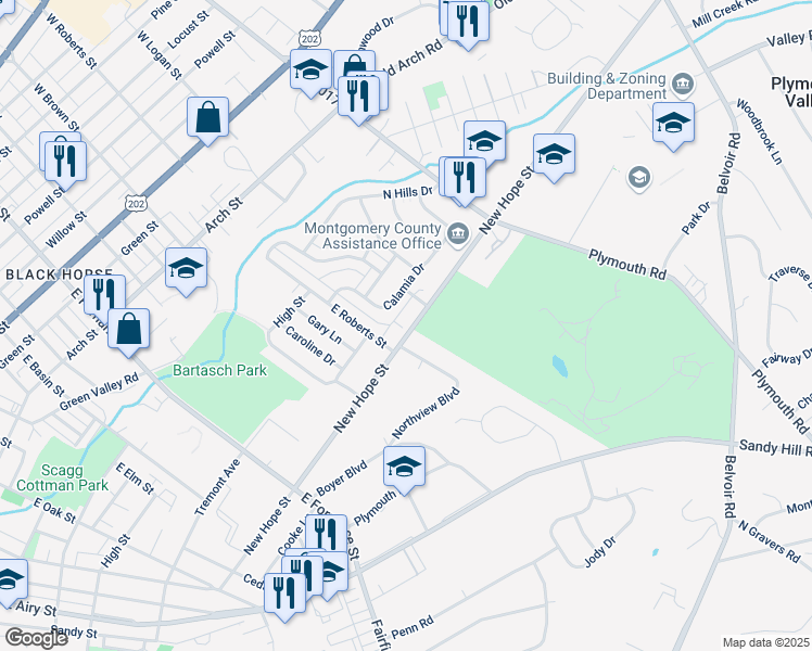 map of restaurants, bars, coffee shops, grocery stores, and more near 1709 New Hope Street in Norristown