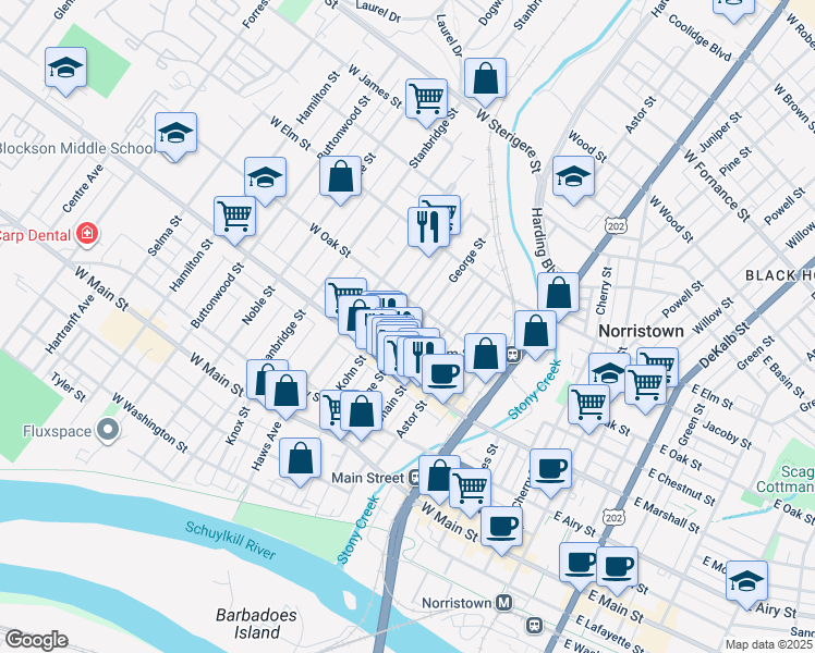 map of restaurants, bars, coffee shops, grocery stores, and more near 643 George Street in Norristown