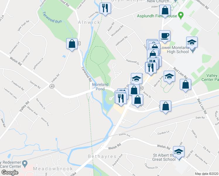 map of restaurants, bars, coffee shops, grocery stores, and more near 721 Welsh Road in Montgomery County