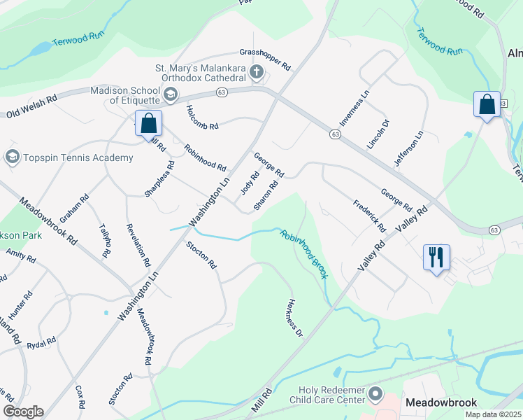 map of restaurants, bars, coffee shops, grocery stores, and more near 1817 Sharon Road in Meadowbrook