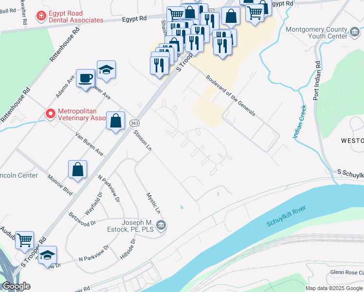 map of restaurants, bars, coffee shops, grocery stores, and more near 703 Kennedy Court in Eagleville