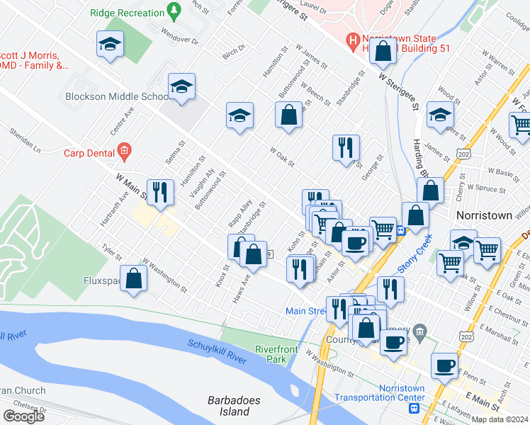 map of restaurants, bars, coffee shops, grocery stores, and more near 564 Stanbridge Street in Norristown