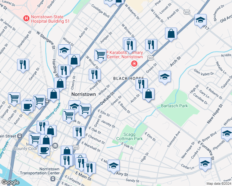map of restaurants, bars, coffee shops, grocery stores, and more near 1206 DeKalb Street in Norristown
