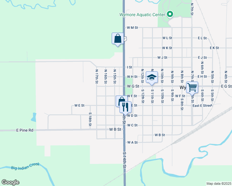 map of restaurants, bars, coffee shops, grocery stores, and more near 103 South 14th Street in Wymore