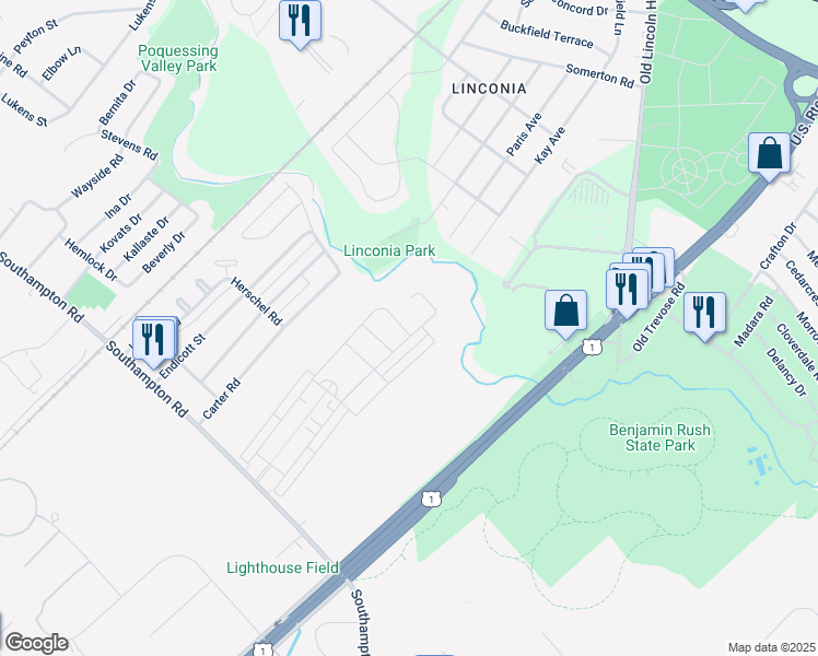 map of restaurants, bars, coffee shops, grocery stores, and more near 15154 Sunflower Drive in Philadelphia