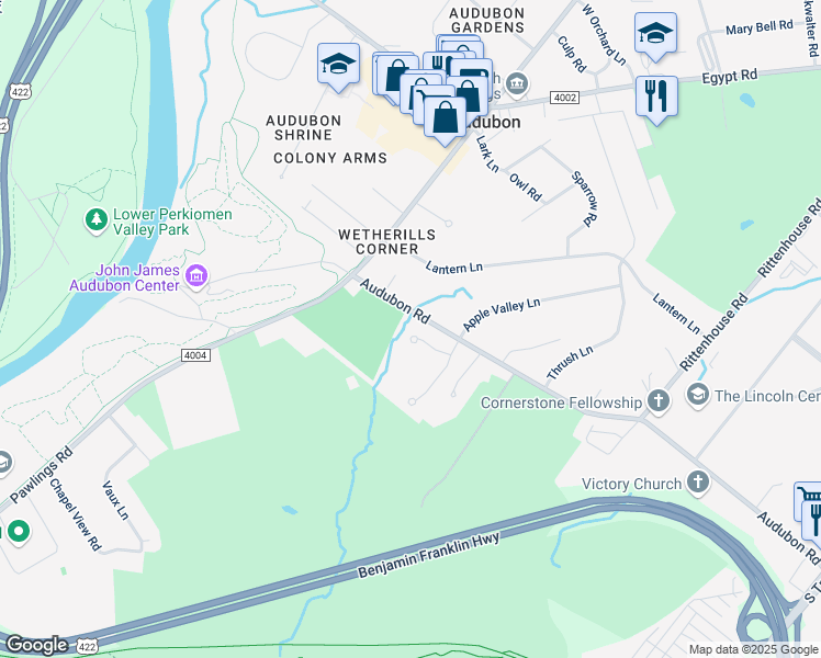 map of restaurants, bars, coffee shops, grocery stores, and more near 2777 Audubon Road in Eagleville