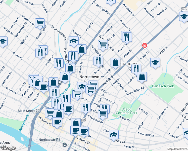 map of restaurants, bars, coffee shops, grocery stores, and more near 1050 Powell Street in Norristown