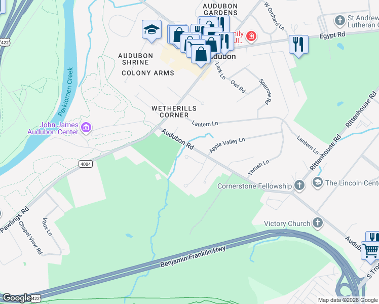 map of restaurants, bars, coffee shops, grocery stores, and more near 2777 Audubon Road in Eagleville