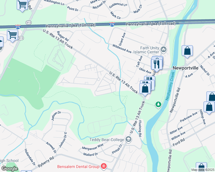 map of restaurants, bars, coffee shops, grocery stores, and more near 1302 Gibson Road in Bucks County