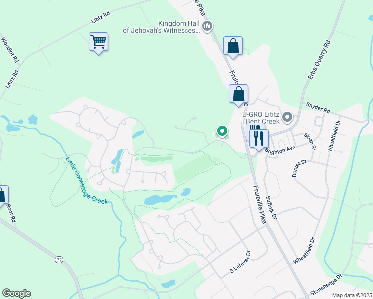 map of restaurants, bars, coffee shops, grocery stores, and more near 671 Bent Creek Drive in Lititz