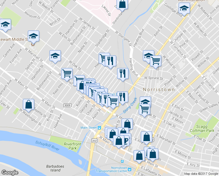 map of restaurants, bars, coffee shops, grocery stores, and more near 712 Chain Street in Norristown
