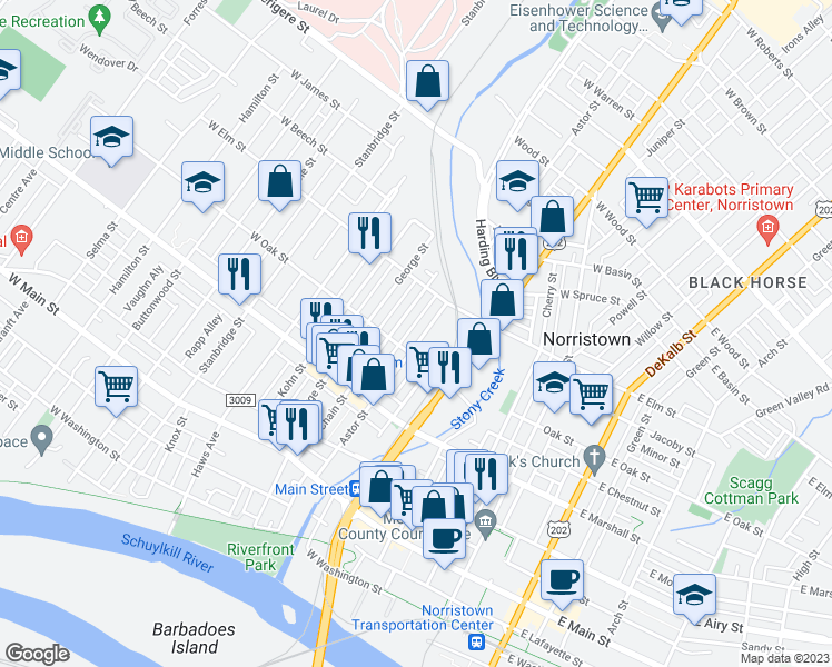 map of restaurants, bars, coffee shops, grocery stores, and more near 723 Astor Street in Norristown