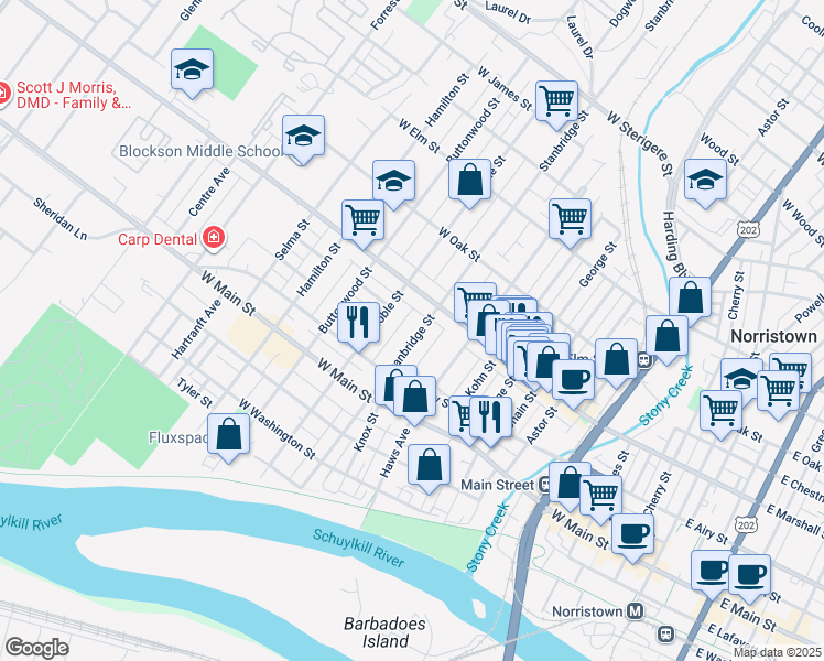 map of restaurants, bars, coffee shops, grocery stores, and more near 553 Stanbridge Street in Norristown