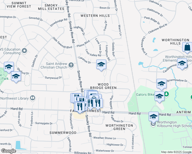 map of restaurants, bars, coffee shops, grocery stores, and more near 8081 Saddle Run in Powell