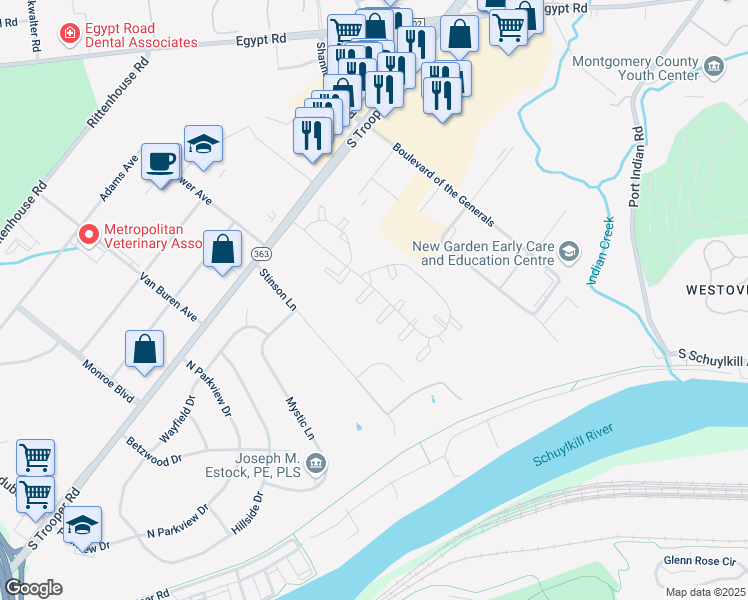 map of restaurants, bars, coffee shops, grocery stores, and more near 703 Kennedy Court in Eagleville