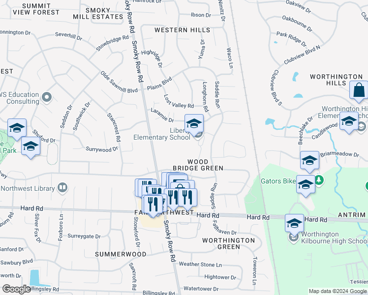 map of restaurants, bars, coffee shops, grocery stores, and more near 8081 Saddle Run in Powell