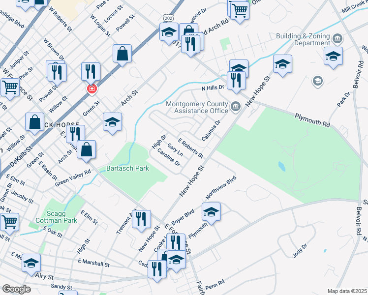 map of restaurants, bars, coffee shops, grocery stores, and more near 628 East Roberts Street in Norristown