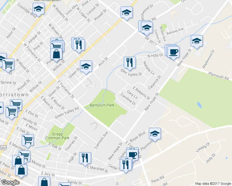 map of restaurants, bars, coffee shops, grocery stores, and more near 1601 High Street in Norristown