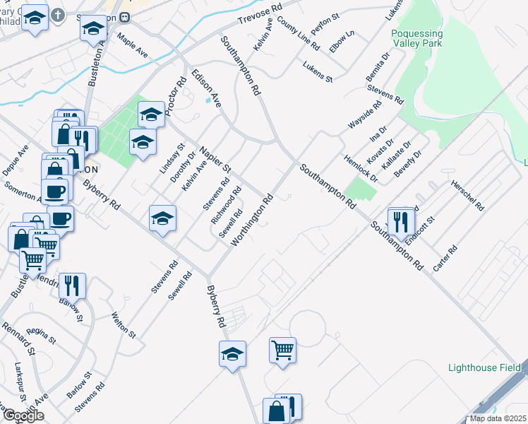 map of restaurants, bars, coffee shops, grocery stores, and more near 13043 Worthington Road in Philadelphia